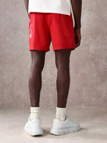 SUMWON 运动性能速干尼龙短裤夏季宽松健身跑步训练沙滩运动抽绳腰带活跃生活方式运动短裤带侧边脚本徽标印花