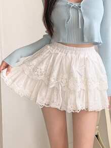 DAZY 女士蝴蝶结装饰蕾丝迷你裙 秋季短裙 低腰 - 白色 - 查看 7