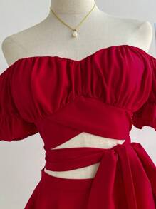 Soleia Tie Front Off Shoulder Top & Layered Hem Shorts - Red - View 8