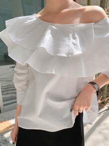 DAZY 纯色荷叶边不对称领口衬衫，秋季女装长袖上衣 - 白色 - 查看 10