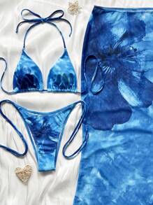 Swim Vcay 3pcs Women Flower Printed Strappy Triangle Swimsuit & Sarong, Summer Regular Cut Bikini Set - Blue - View 4