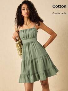 Poéselle Women's Solid Color Vacation Ruched Flounced Hem Sleeveless Short Dress Women Spring Dresses - Green - View 1