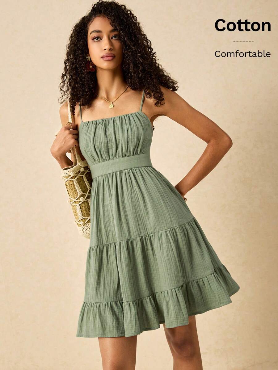 Poéselle Women's Solid Color Vacation Ruched Flounced Hem Sleeveless Short Dress Women Spring Dresses - Green - View 1