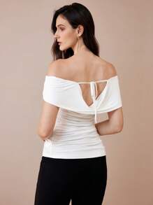 Chiquease Women's Stretchy Knit Casual Cute Retro Elegant Ruched Off Shoulder Tie Strap Top - White - View 7