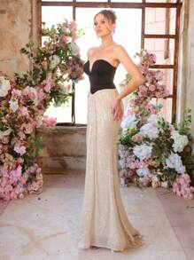 Glamrae Vestido elegante e lindo, preto, prateado, com lantejoulas, sem alças, plissado, cauda de peixe, com bainha, para encontros por contrato, despedida de solteira, cerimônia de formatura, casamento, evento, vestido de jantar resistente, formal, para noite, convidado de casamento - Multicolorido - Ver 3