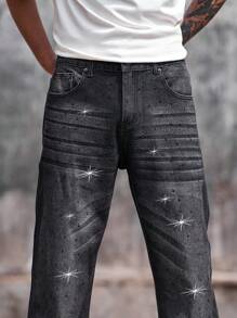 Manfinity Homme Men's Casual Washed Rhinestone Embellished Denim Jeans - Grey - View 6