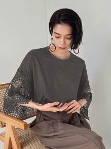 FRIFUL Women's Summer Casual Solid Color Lace Patchwork T-Shirt Lace Top Lace Sleeve Top Knit Top Summer Top Women Top