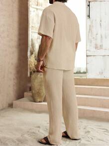 VENTUSAIL Men's Casual Solid Color Shirt & Pants Set, Minimalist Fashion For Daily Casual Wear, Men Two Pieces Outfits, White Men Set, Boy Friends Gifts Linen 2 Pieces Sets Men's S Linen 2 Pieces Sets, Cozy Outfits - Khaki - View 2