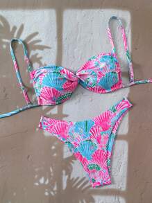 Swim Vcay 2pcs/Set New Ditsy Floral Twisted Strap Backless Top And High Cut Thong Bikini Swimsuit, Women Beach Holiday For Summer Beach Vacation