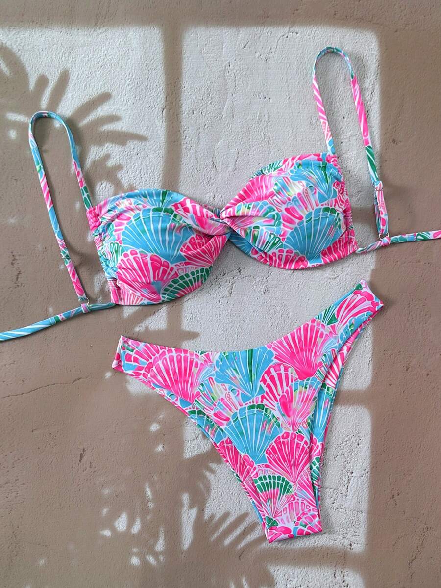 Swim Vcay 2pcs/Set New Ditsy Floral Twisted Strap Backless Top And High Cut Thong Bikini Swimsuit, Women Beach Holiday For Summer Beach Vacation