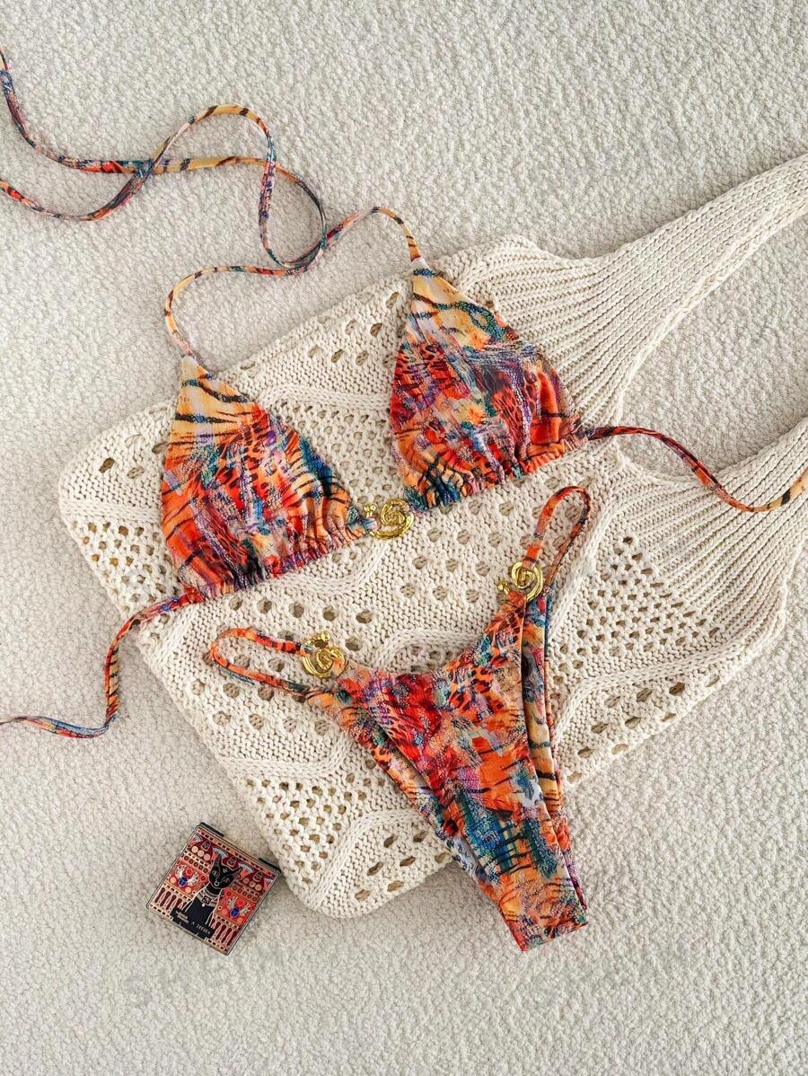 Swim Vcay Set de bikini cu croi înalt pentru femei de vară, costum de baie multicolor pentru plajă