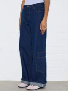 COUREZ 宽松牛仔裤，卷边裤脚 /Y2K/休闲/纯棉复古 - 藍色 - 查看 4
