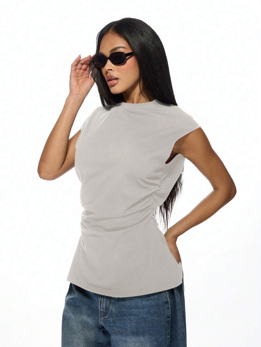 MISSGUIDED 无袖褶皱侧背心夏季基本款简约运动时尚百搭现代修身健身工作必备胶囊衣橱背心 - 灰色 - 查看 1