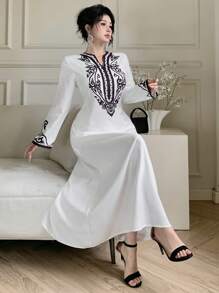 DAZY 女士度假花卉印花V领长袖优雅连衣裙，返校服装 - 白色 - 查看 7