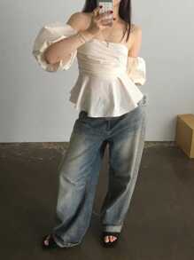 DAZY Blusa con hombros descubiertos, volantes y mangas abultadas de color liso de para mujer - Albaricoque - Ver 6