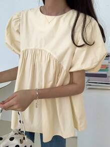 DAZY Women's Oversize Puff Sleeve Solid Color Cute Short Sleeve Pullover Blouse Summer,Ruffle Babydoll Top - Apricot - View 9