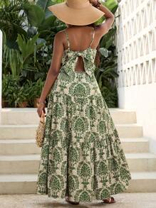 SHEIN Teen Girls' Green Loose A-Line Long Dress With Puff Sleeves, Casual Holiday Traditional Print, Suitable For Beach, Boho, Summer Vacation, Music Festival, Bohemian, Holiday Dates, Afternoon Tea - Green - View 2