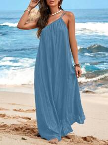 SHEIN VCAY Vacation Beach Solid Color Textured Asymmetrical Neck Dress - Medium Wash - View 3
