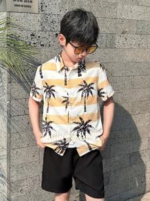 SHEIN 青少年男孩棕榈树印花单排扣短袖衬衫，度假风格 - 彩色 - 查看 1