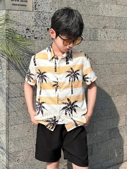 SHEIN 青少年男孩棕榈树印花单排扣短袖衬衫，度假风格