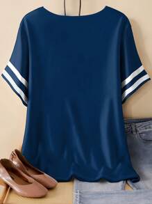 SHEIN LUNE Áo thun cổ tròn tay ngắn in họa tiết kẻ sọc mỏ neo thường ngày cho nữ cỡ lớn - Nhiều màu - Xem 2