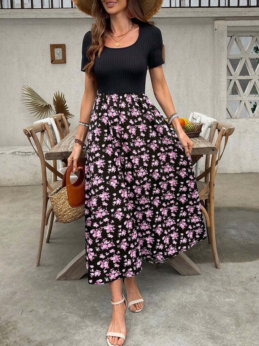 EMERY ROSE Ditsy Floral Print Square Neck A-Line Dress Maxi Women Outfit - Multicolor - View 1