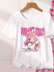 Tween Girls 2pcs Pajama Set - Pink Casual Top & Plaid Print Pink Pants, Modern & Comfortable Short Sleeve Loungewear - White - View 4