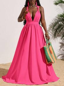 Slaydiva Women's Sexy Summer Vacation Solid Color Orange Deep V-Neck Backless Criss-Cross Dress - Hot Pink - View 7