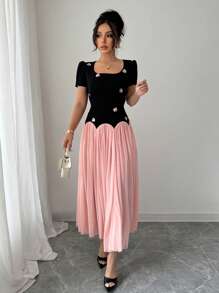 Selianne Damen Vintage Kontrast Patchwork Kleid, französischer Stil elegantes langes Kleid, einzigartiges Design, hochwertiges Gelegenheitskleid für den Sommer - Schwarz - Übersicht 7