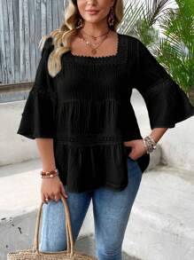 SHEIN LUNE 大码女式纹理竹子条纹喇叭袖荷叶边领衬衫，适合度假 - 黑色 - 查看 4