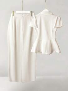 SHEIN Clasi 女士优雅短袖西装外套和裙子两件套套装 - 白色 - 查看 2