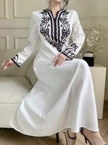 DAZY 女士度假花卉印花V领长袖优雅连衣裙，返校服装 - 白色 - 查看 4