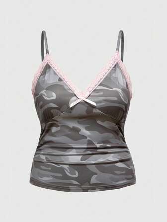 Kawaii Camiseta de tirantes rosa con encaje y parche de camuflaje, ideal para talla grande, adecuado para la escuela y el verano