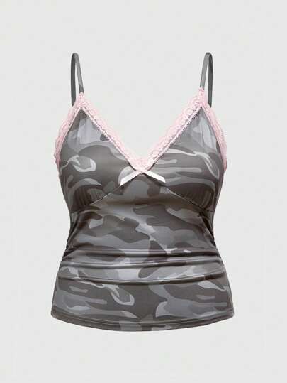 Kawaii Top canottiera femminile in camouflage con inserti in pizzo rosa, taglia oversize, adatto per la scuola e l'estate
