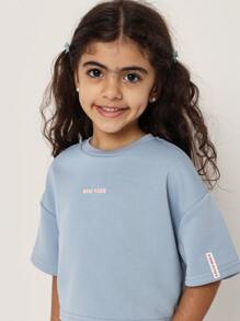 SUMWON Girls Summer Two-Piece Set Brooklyn Nyc Print Cropped Sweatshirt Shorts Set Streetwear Casual Athletic Sports Wear Spring Training Set - Dusty Blue - View 5