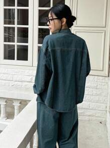 DAZY 女士休闲前扣长袖口袋衬衫长裤套装（2件套），秋冬家居服套装 - 藍色 - 查看 8