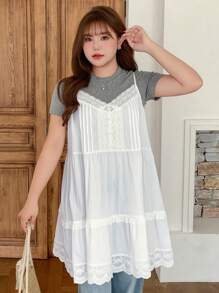 Dazy Plus Contrast Lace A-Line Long Casual Summer Tank Tops & Cami For Teen Girls,Ruffle