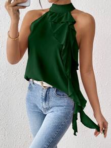 SHEIN Clasi 女士度假纯色荷叶边领口休闲衬衫 - 墨綠色 - 查看 3
