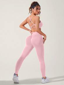 Slayform Women Plain Color Tie Front Cropped Camisole And Legging Gym Activewear Set Gym Set Workout Women Setwomen Workout Set - Pink - View 3