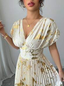 Rafferiza 女式 V 领优雅短袖蝙蝠长裙，色块金箔印花前腰可调节抽绳褶皱长裙 - 彩色 - 查看 4