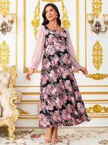 SHEIN Maternity Long Sleeve Dress, Fashionable And Suitable For Summer Floral Dress - Violet Purple - View 5