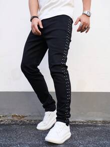 Manfinity Homme Men's Black Denim Jeans: Casual Amekaji Style With Studded Detailing And A Long Modern Fit - Black - View 4