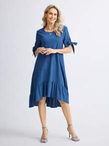 Miaspire Vestido casual sencillo de mujer con cuello redondo, manga corta y plisado en color liso