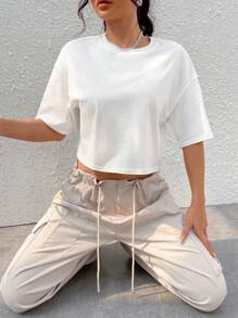 SHEIN EZwear Áo thun nữ dáng rộng, đơn giản, đa năng, thoải mái, rộng rãi, màu trắng, chất liệu 100% cotton, thoải mái, mùa hè, size lớn - trắng - Xem 7