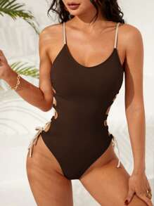 Swim Chiccia Đồ bơi liền thân gợi cảm có dây rút buộc hông màu nâu và be tương phản dành cho nữ, trang phục thường ngày thanh lịch cho mùa xuân, mùa hè, ngày lễ, tiệc bãi biển - Nhiều màu - Xem 4