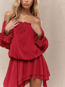 MISSGUIDED Asymmetric Ruffle Long Balloon Sleeves Bardot Mini Dress Cute Sundress