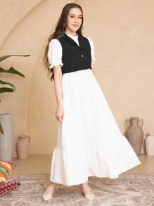 2pcs Teen Girls' Casual Combo - Ruffle Sleeve Long Dress & Vest Set - Black - View 5