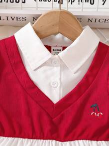 Baby Girls Korean Fashion Casual Cute White Collar Short Sleeve Knitted Patchwork Top And Embroidered Strawberry Washed Denim Long Pants, Summer Set - Multicolor - View 4