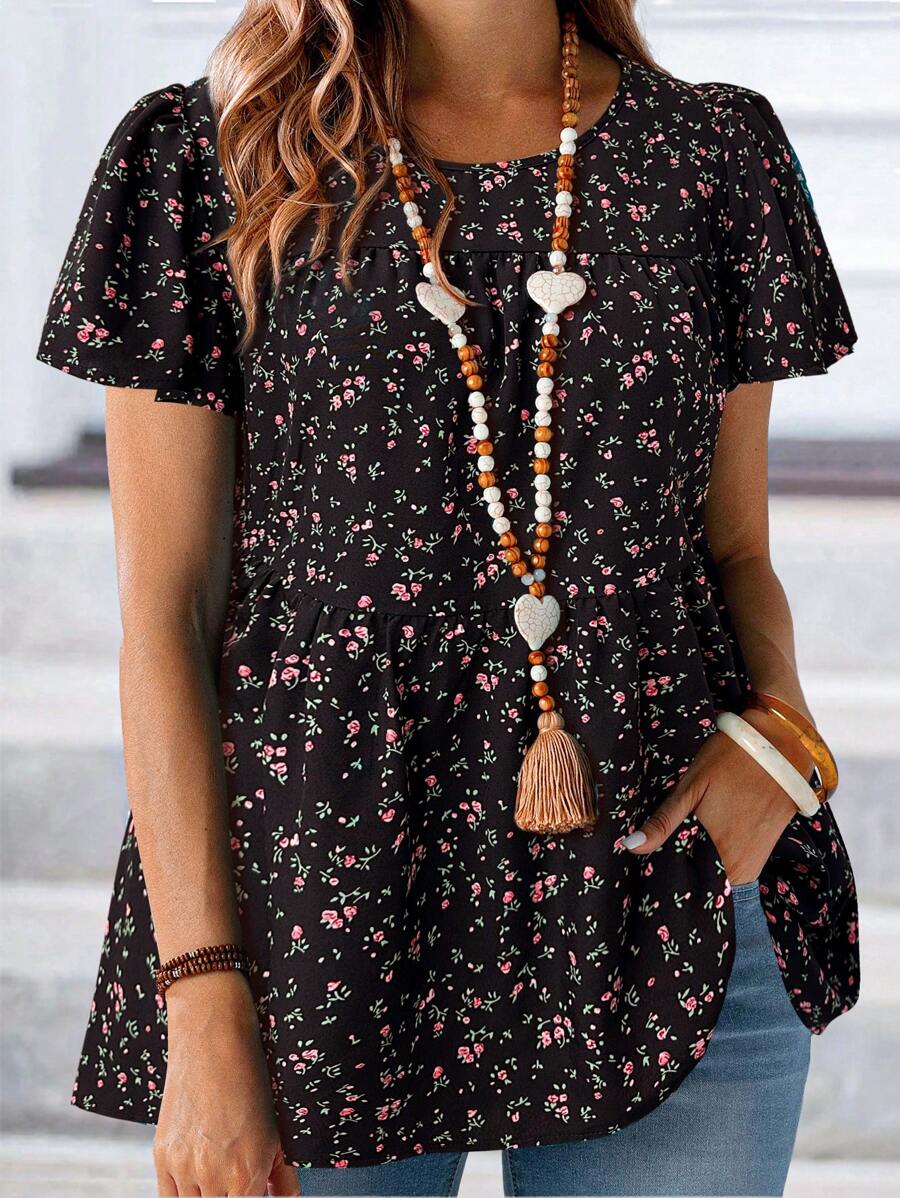 EMERY ROSE Women's Boho Ditsy Floral Print Woven Fabric Blouse, Round Neck Short Sleeve Ruffle Hem Long Tunic Top - Black - View 1