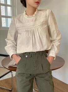 DAZY 女士蕾丝领长袖修身衬衫 - 卡其色 - 查看 4